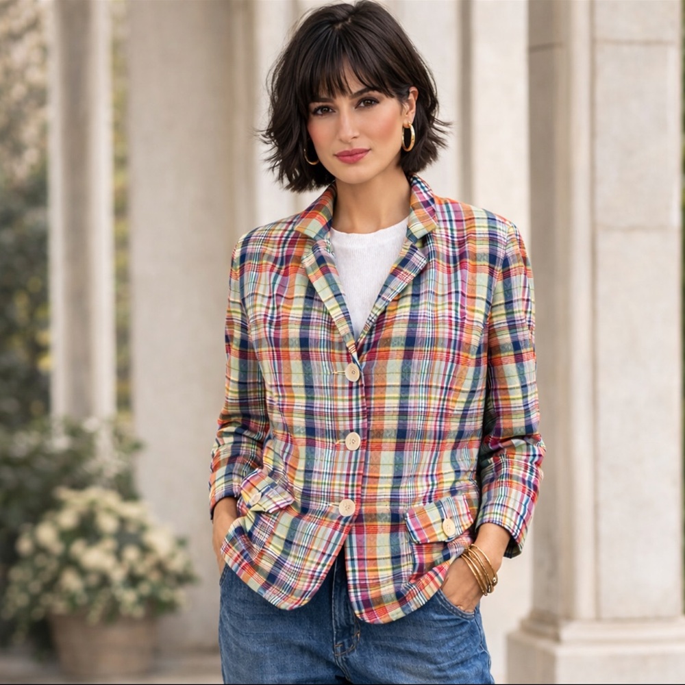 XL Cotton Plaid Madras Blazer Jacket Talbots 16 preppy academia stripe retro 90s
